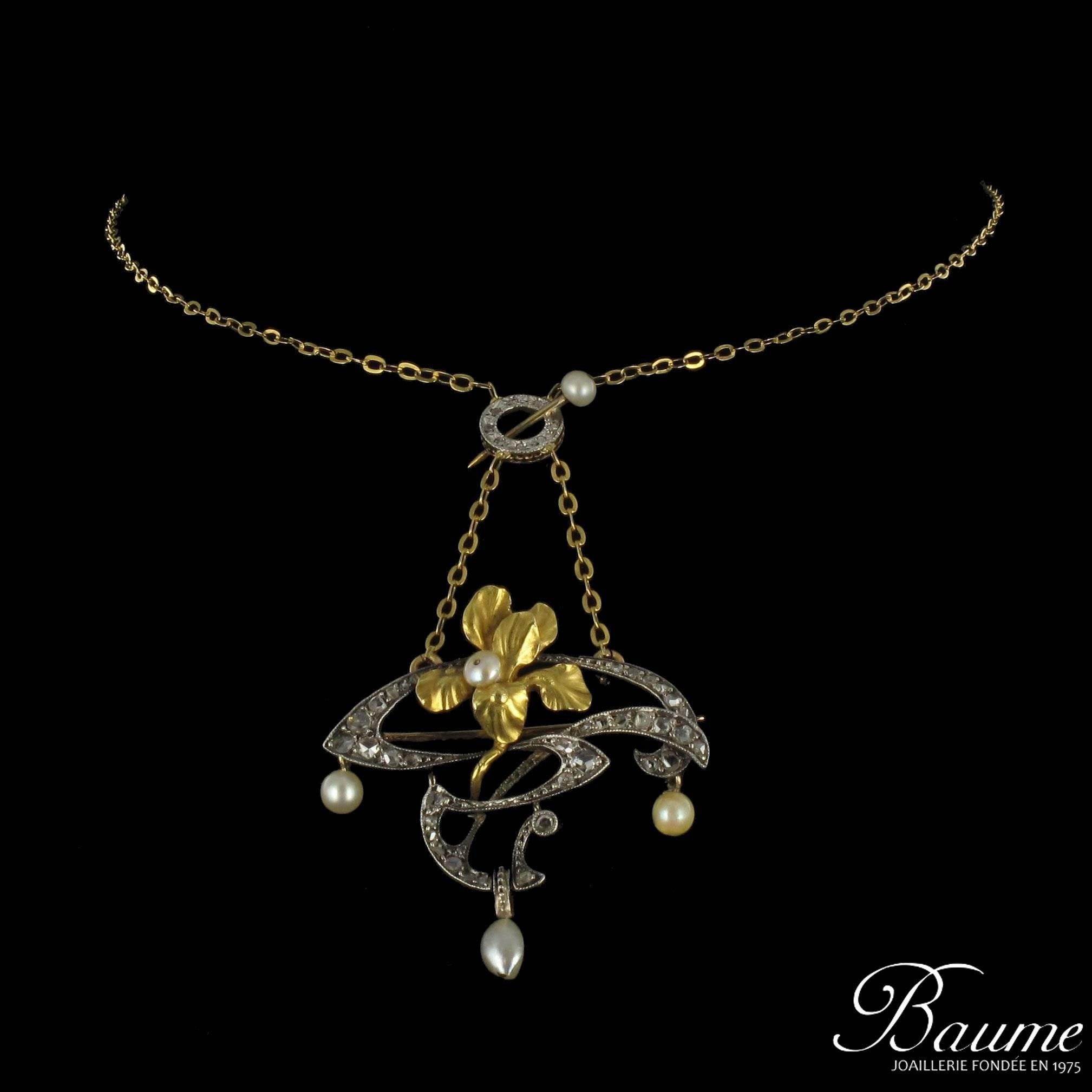 French Art Nouveau Fine Pearl Diamond Silver Gold Pendant Brooch For Sale 1