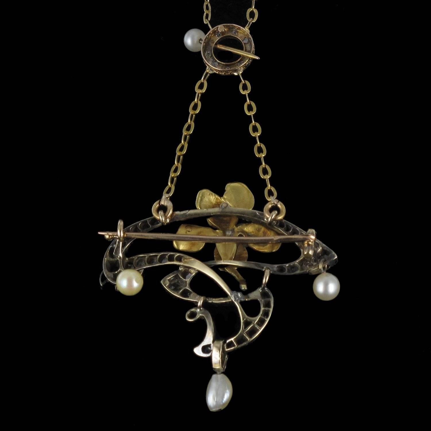 French Art Nouveau Fine Pearl Diamond Silver Gold Pendant Brooch For Sale 7