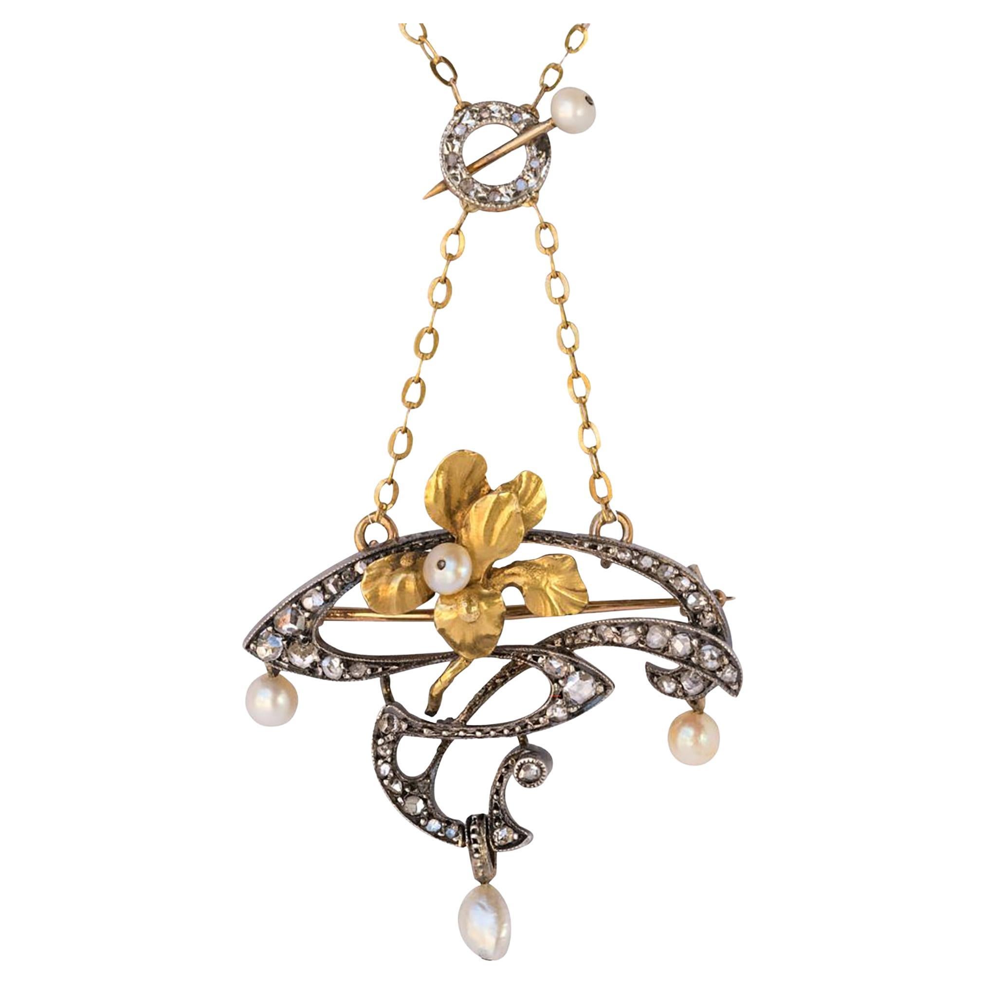 French Art Nouveau Fine Pearl Diamond Silver Gold Pendant Brooch