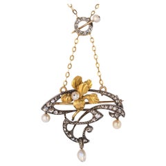 French Art Nouveau Fine Pearl Diamond Silver Gold Pendant Brooch