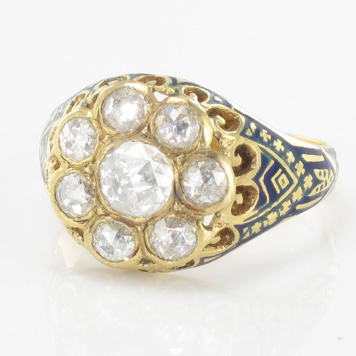 French Antique 1.06 Carat Rose- Cut Diamond Enamel 18 Karat Yellow Gold Ring For Sale 10