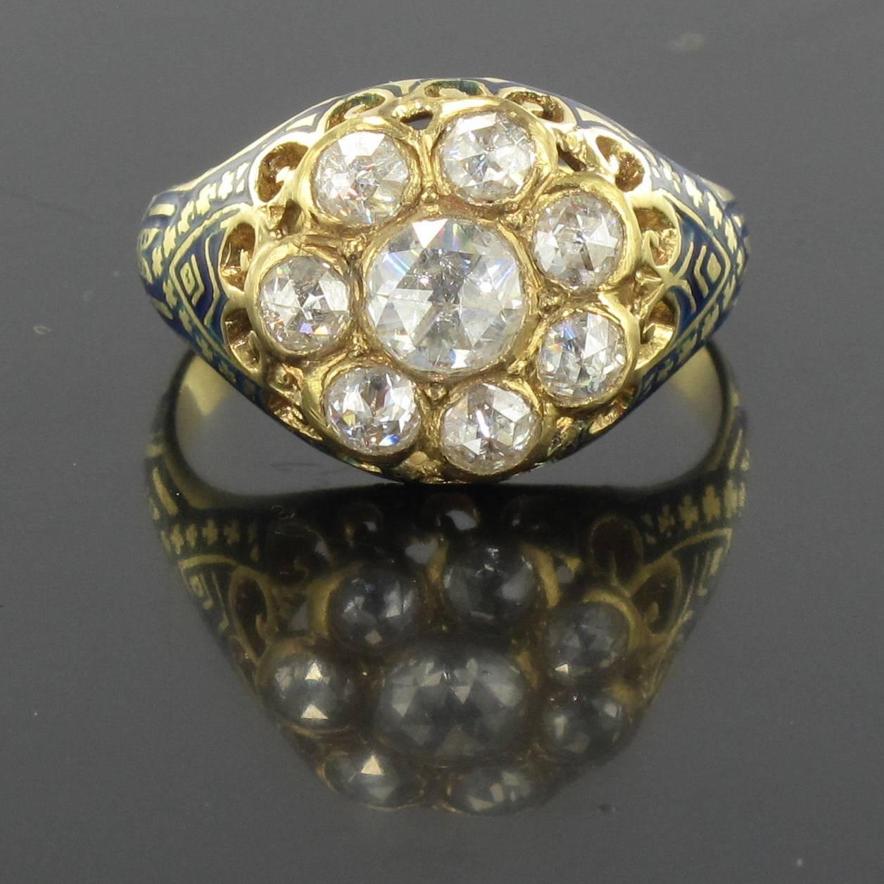 French Antique 1.06 Carat Rose- Cut Diamond Enamel 18 Karat Yellow Gold Ring For Sale 8
