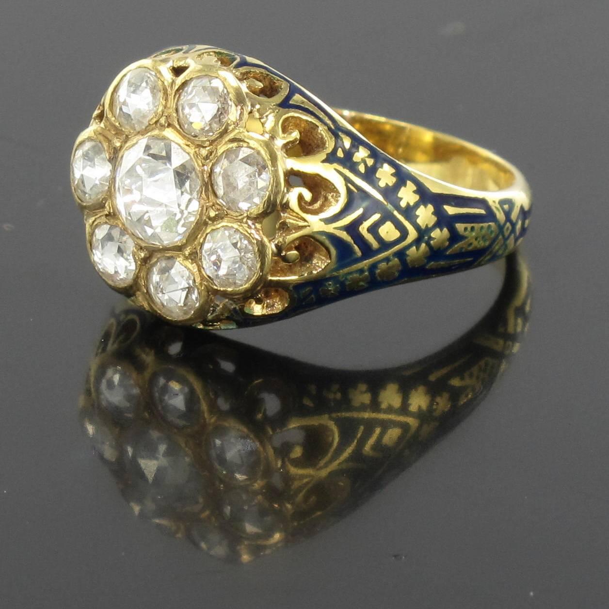 French Antique 1.06 Carat Rose- Cut Diamond Enamel 18 Karat Yellow Gold Ring For Sale 9