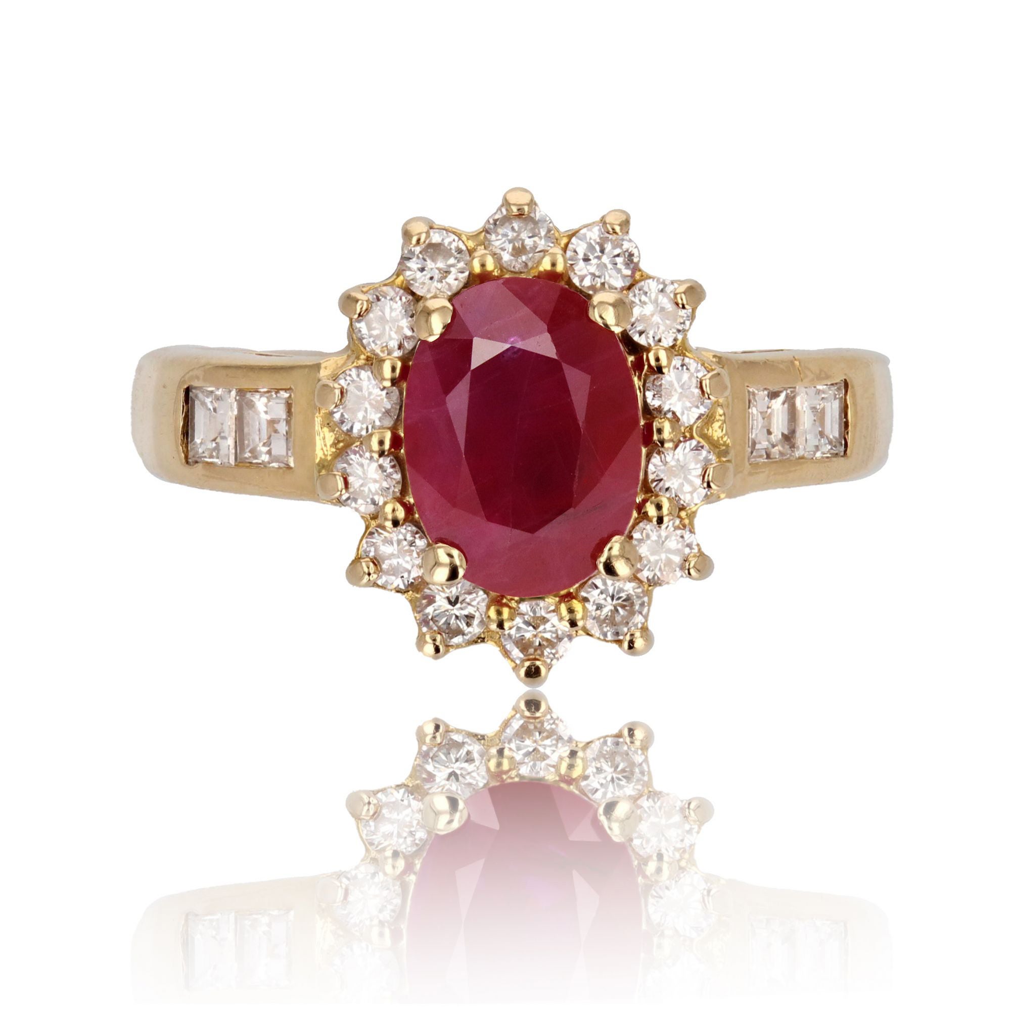 Modern 1.50 Carat Ruby Diamonds 18 Karat Yellow Gold Ring