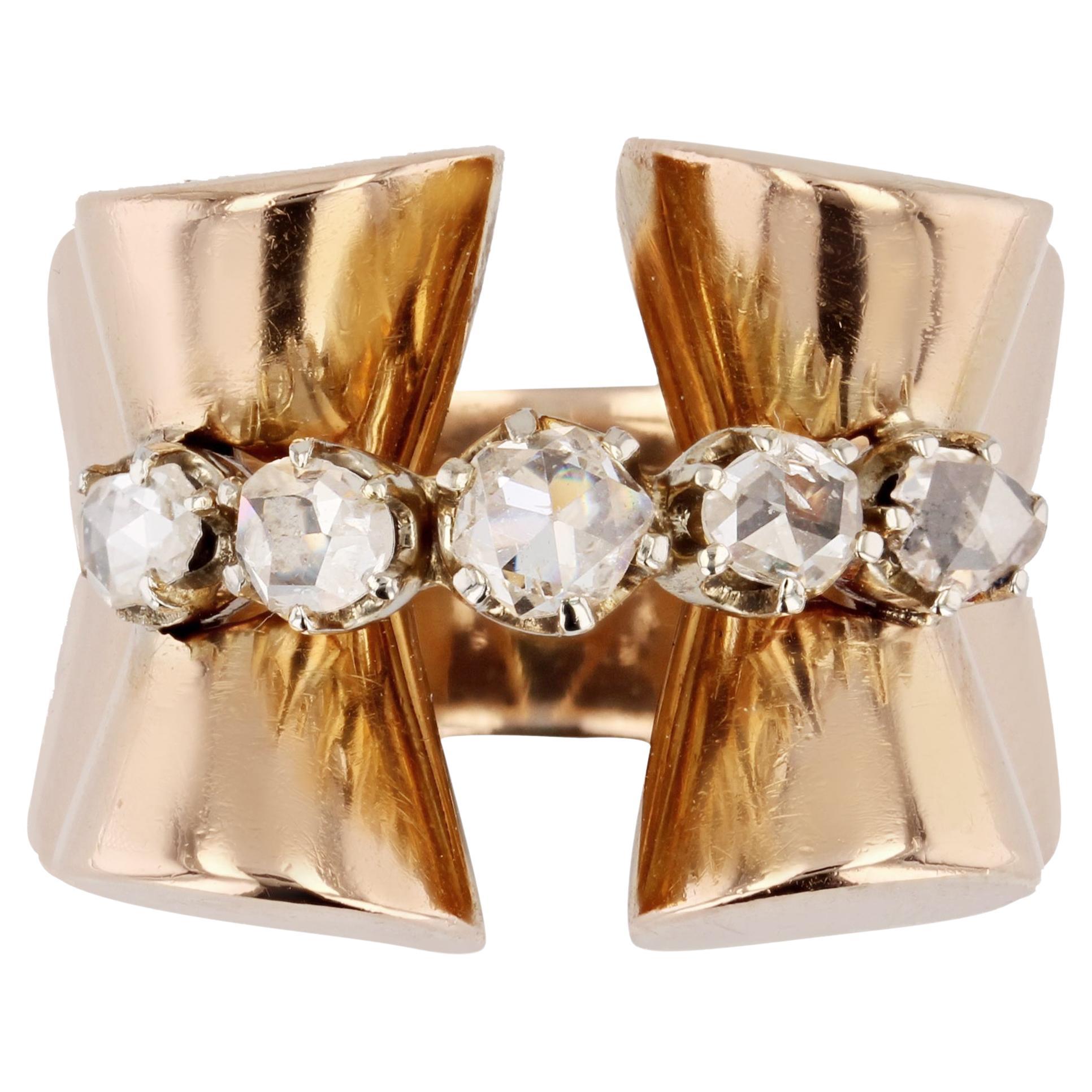 1940s Rose-Cut Diamonds 18 Karat Rose Gold Tank Ring For Sale