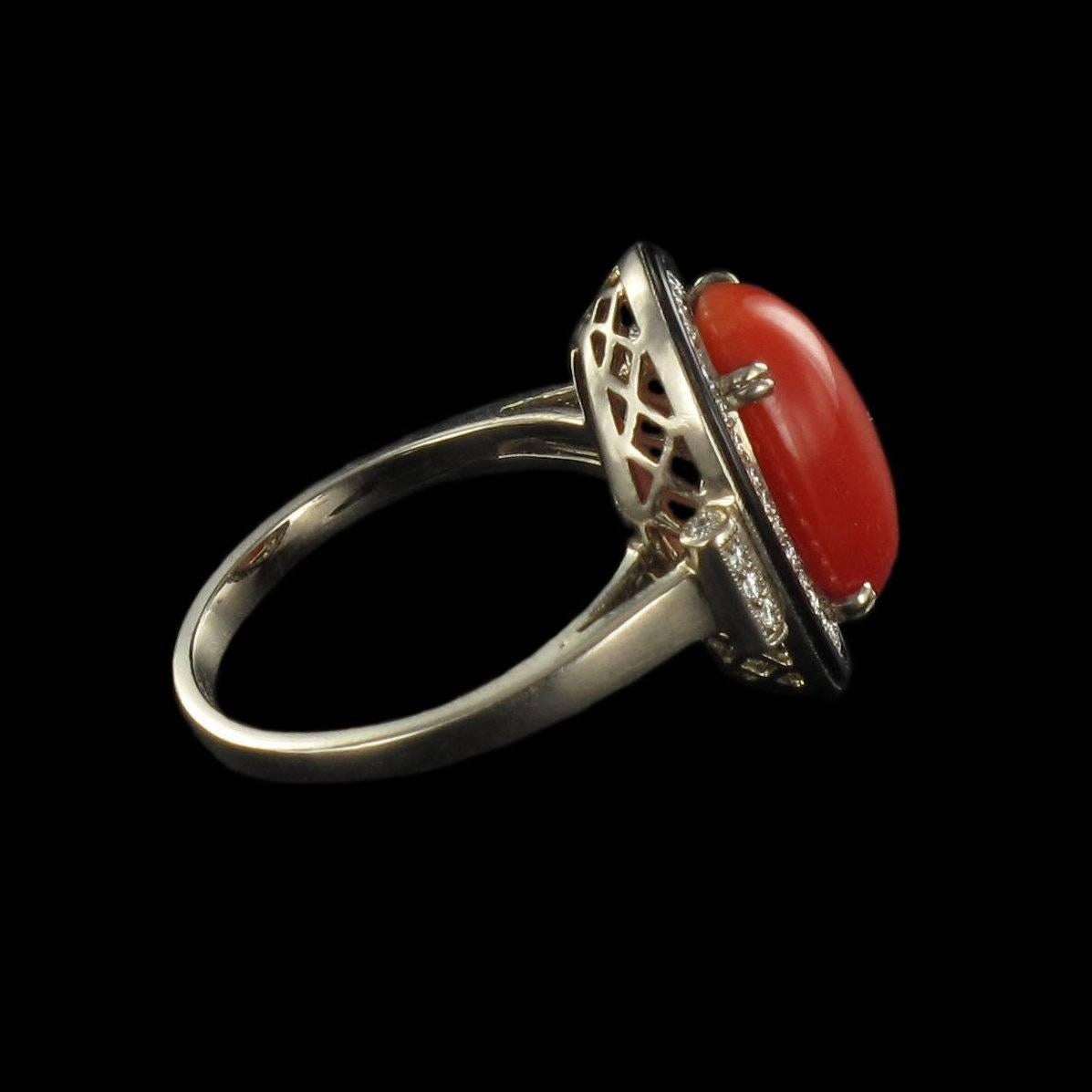 Women's Art deco Coral Onyx and Diamond Ring