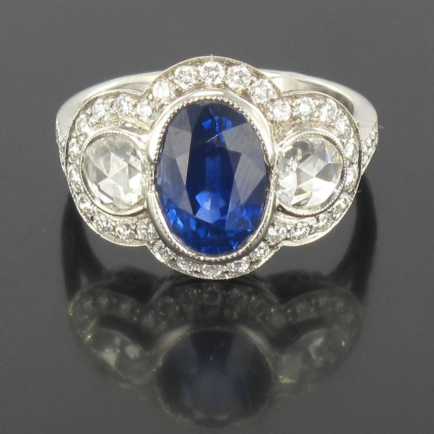 French Art Deco Style 3.22 Carat Sapphire Diamond 18 Karat White Gold Ring 8