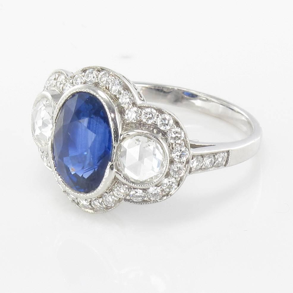 French Art Deco Style 3.22 Carat Sapphire Diamond 18 Karat White Gold Ring 9