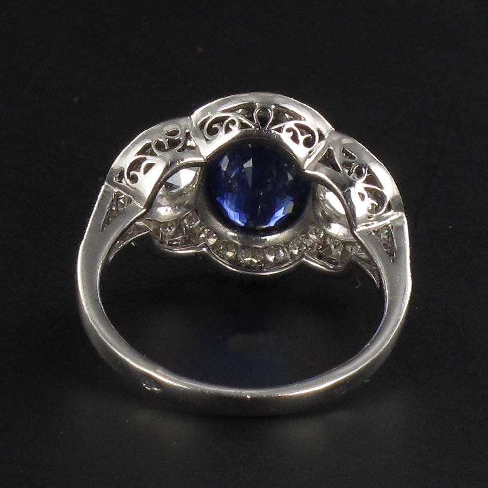 French Art Deco Style 3.22 Carat Sapphire Diamond 18 Karat White Gold Ring 10