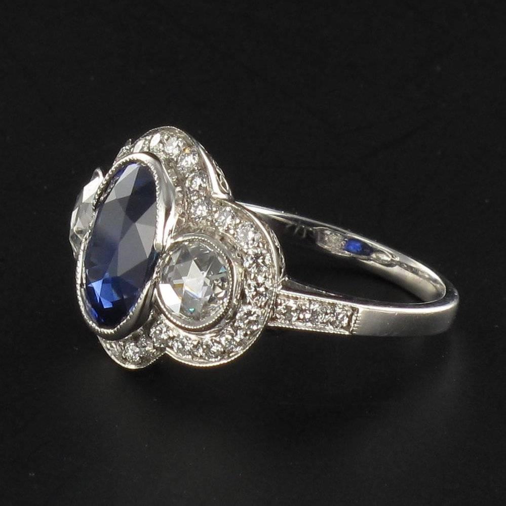 French Art Deco Style 3.22 Carat Sapphire Diamond 18 Karat White Gold Ring 11