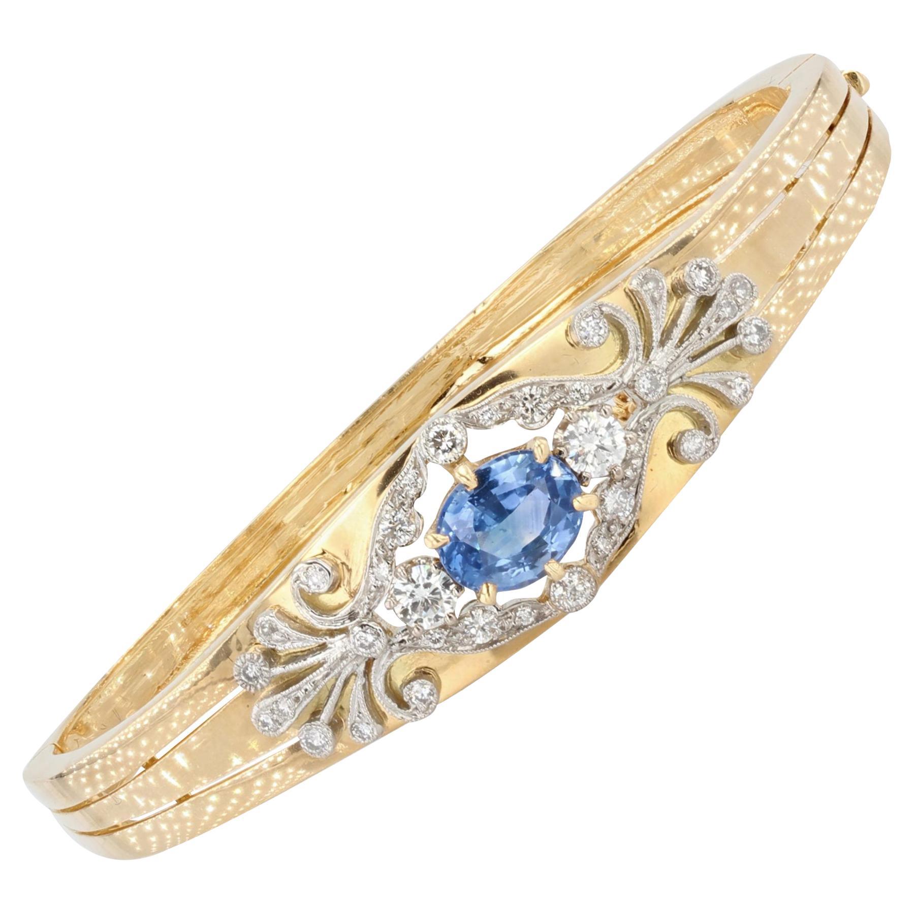 Gold Bangle Bracelet Set with Diamonds and Sapphire For Sale