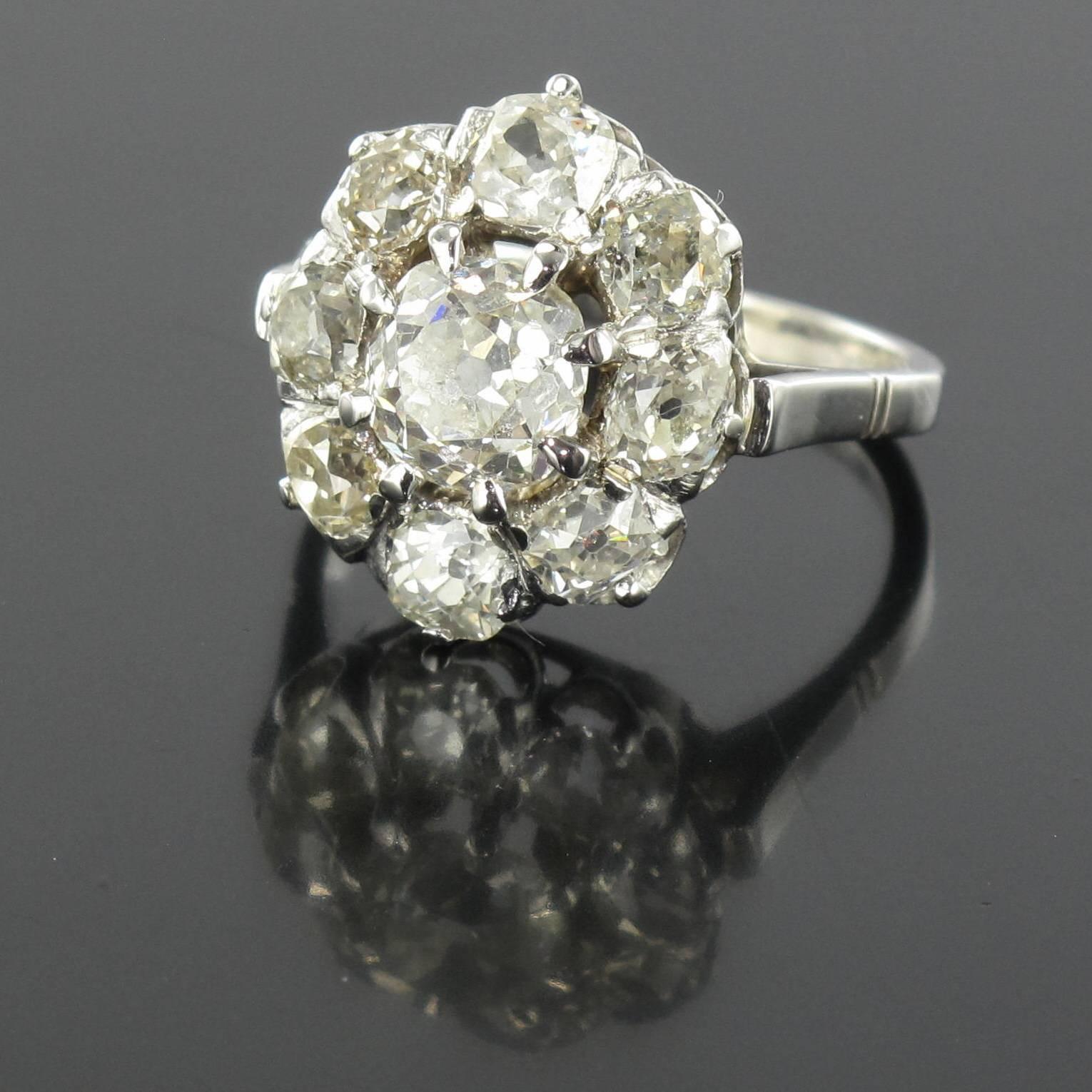 Women's French 19th Century 3 Carat Diamond Platinum Daisy Ring