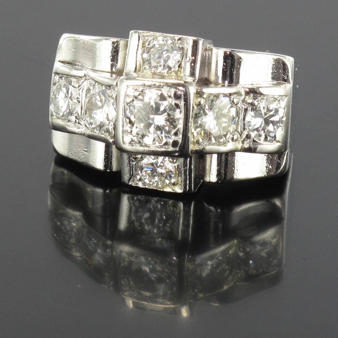 1930s Splendid French Art Deco Diamond Platinum Ring For Sale 5