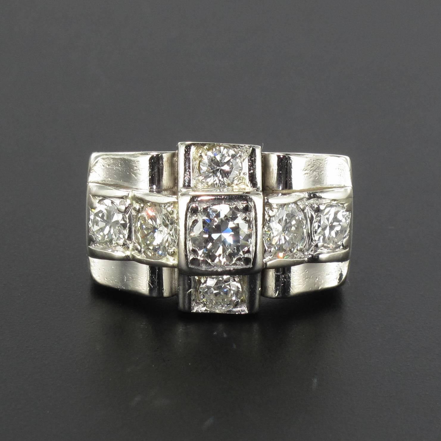 1930s Splendid French Art Deco Diamond Platinum Ring For Sale 9