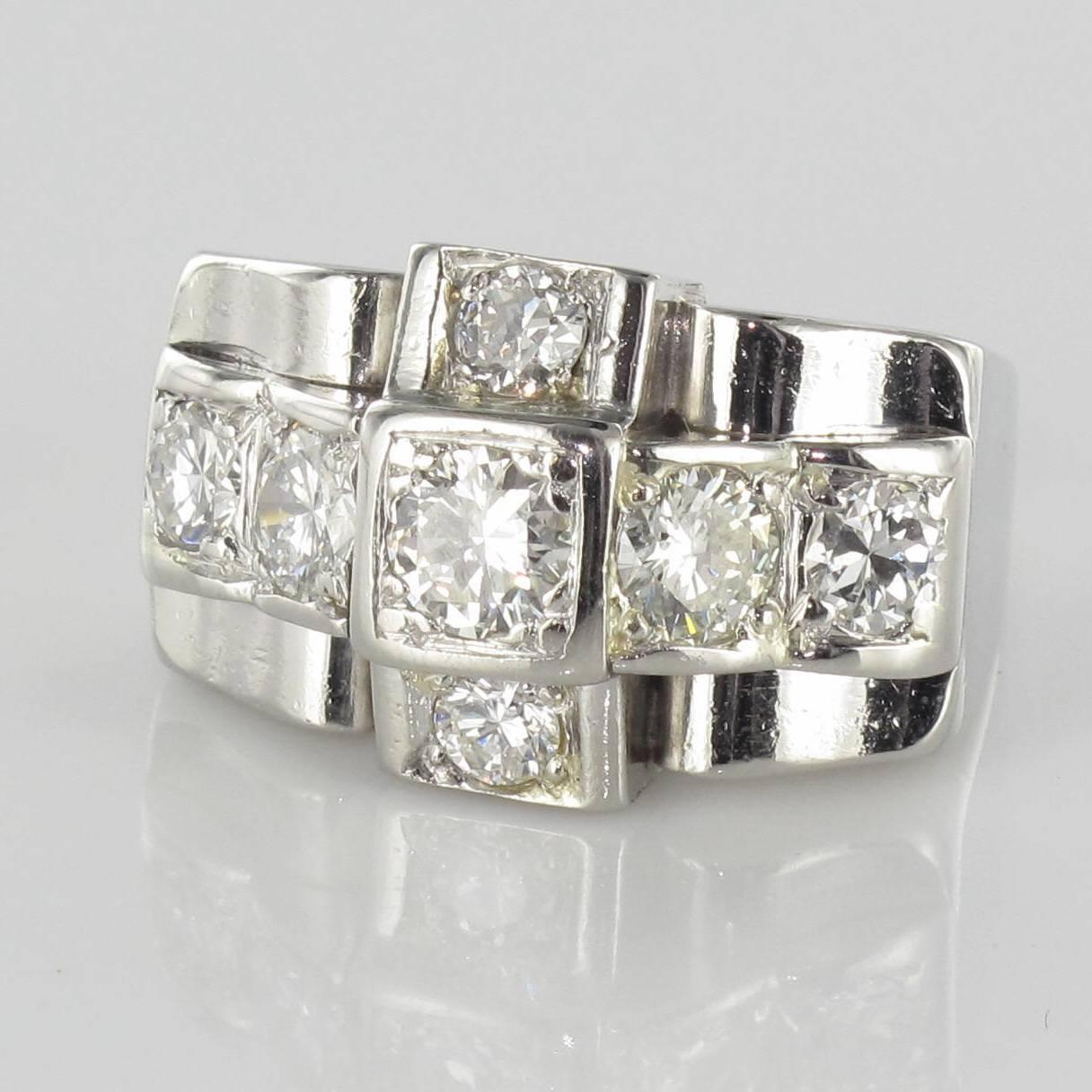 1930s Splendid French Art Deco Diamond Platinum Ring For Sale 6
