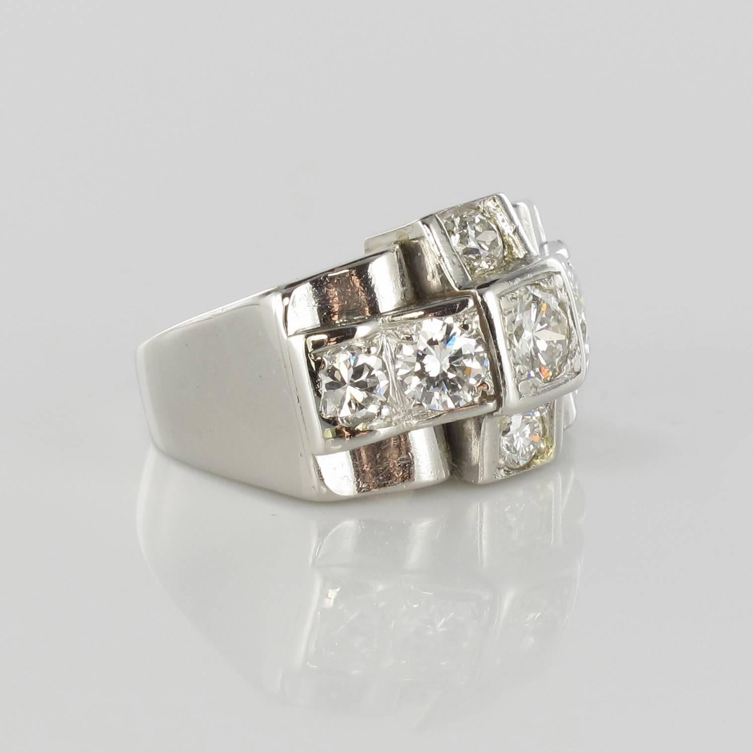 1930s Splendid French Art Deco Diamond Platinum Ring For Sale 4