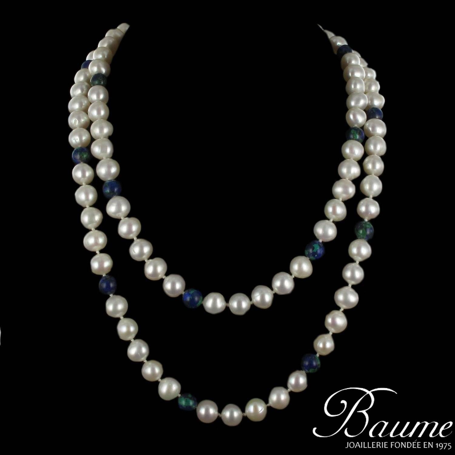 Superb Pearl and Azurite Long Necklace In New Condition In Poitiers, FR