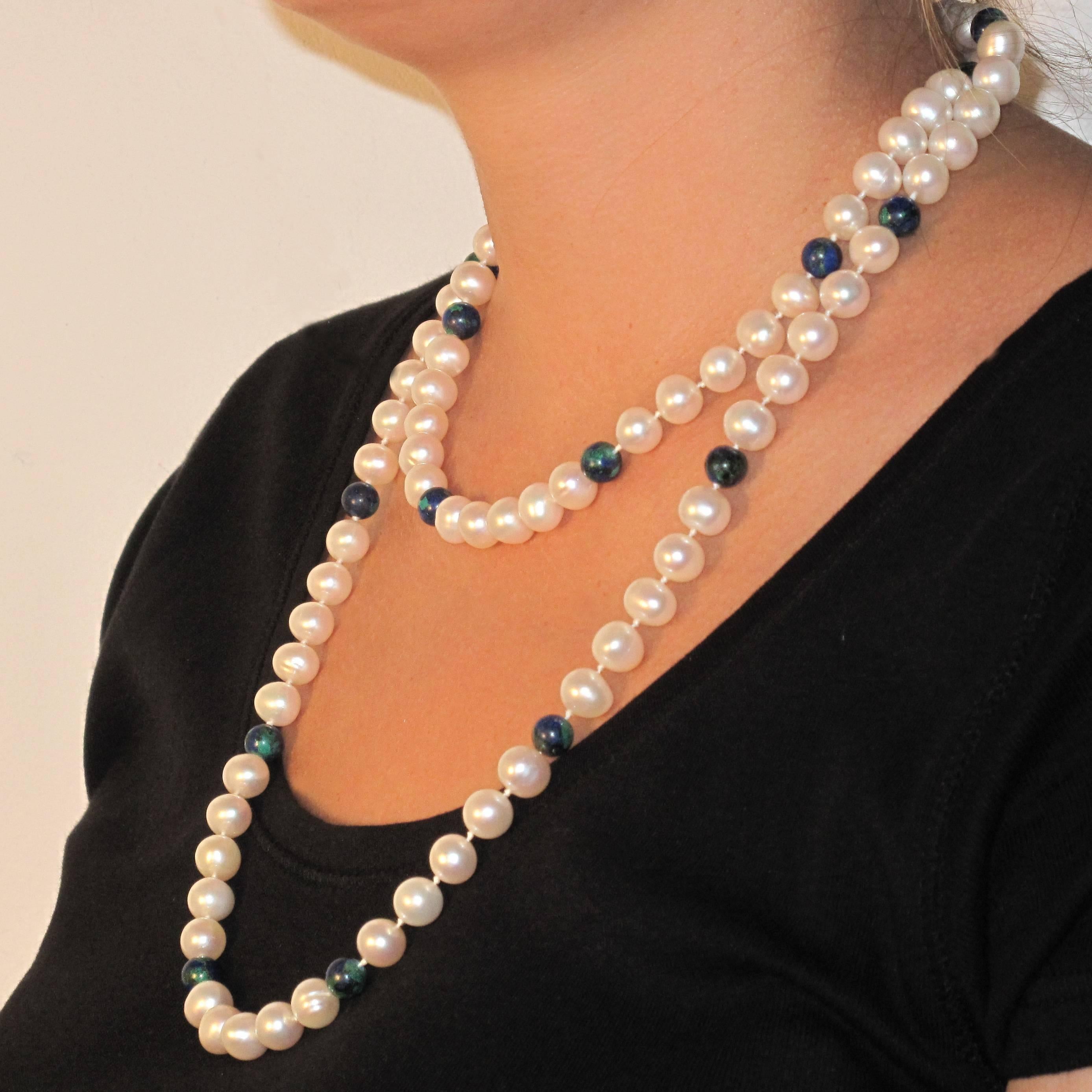 Superb Pearl and Azurite Long Necklace 2