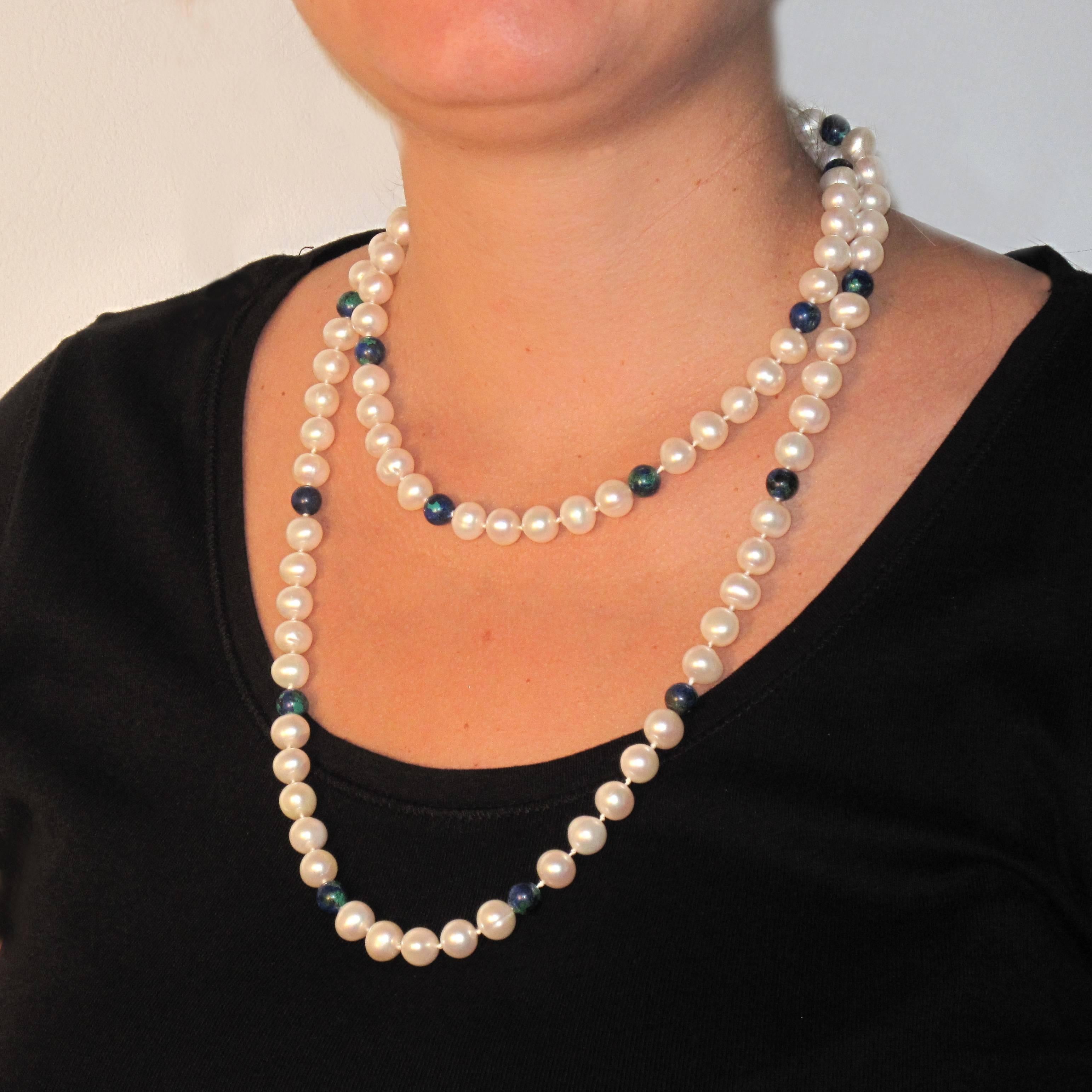 Superb Pearl and Azurite Long Necklace 3