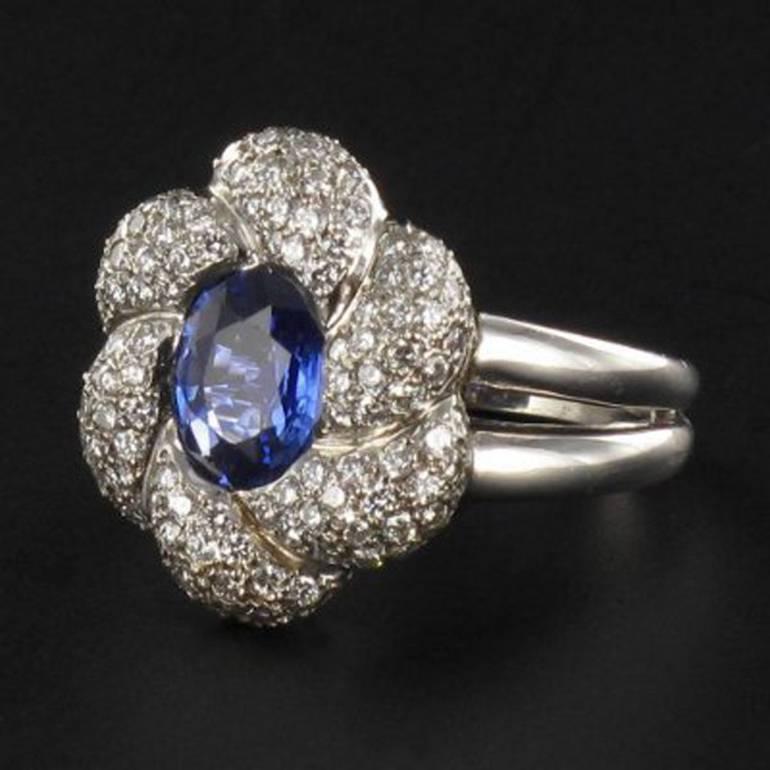French Modern Sapphire Diamond White Gold Flower Cluster Ring 3