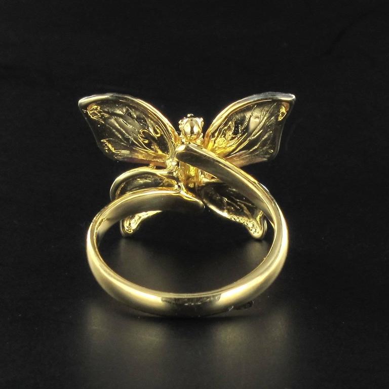 Enamel Diamond and Yellow Gold Butterfly Ring For Sale at 1stdibs