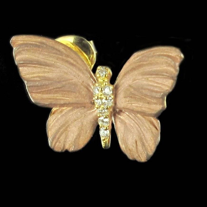 Women's Rose Enamel Diamond Gold Butterfly Earrings For Sale