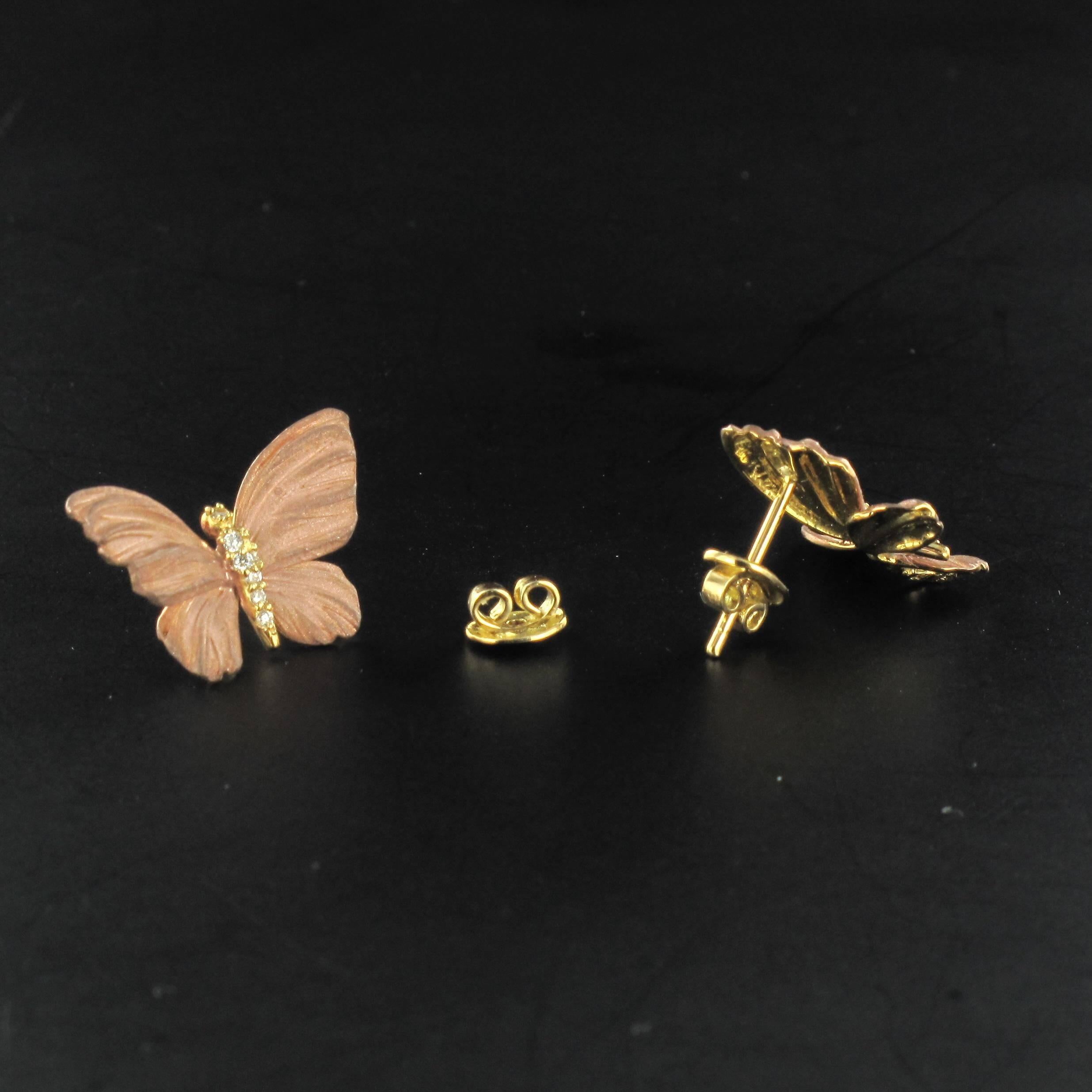 Rose Enamel Diamond Gold Butterfly Earrings For Sale 3