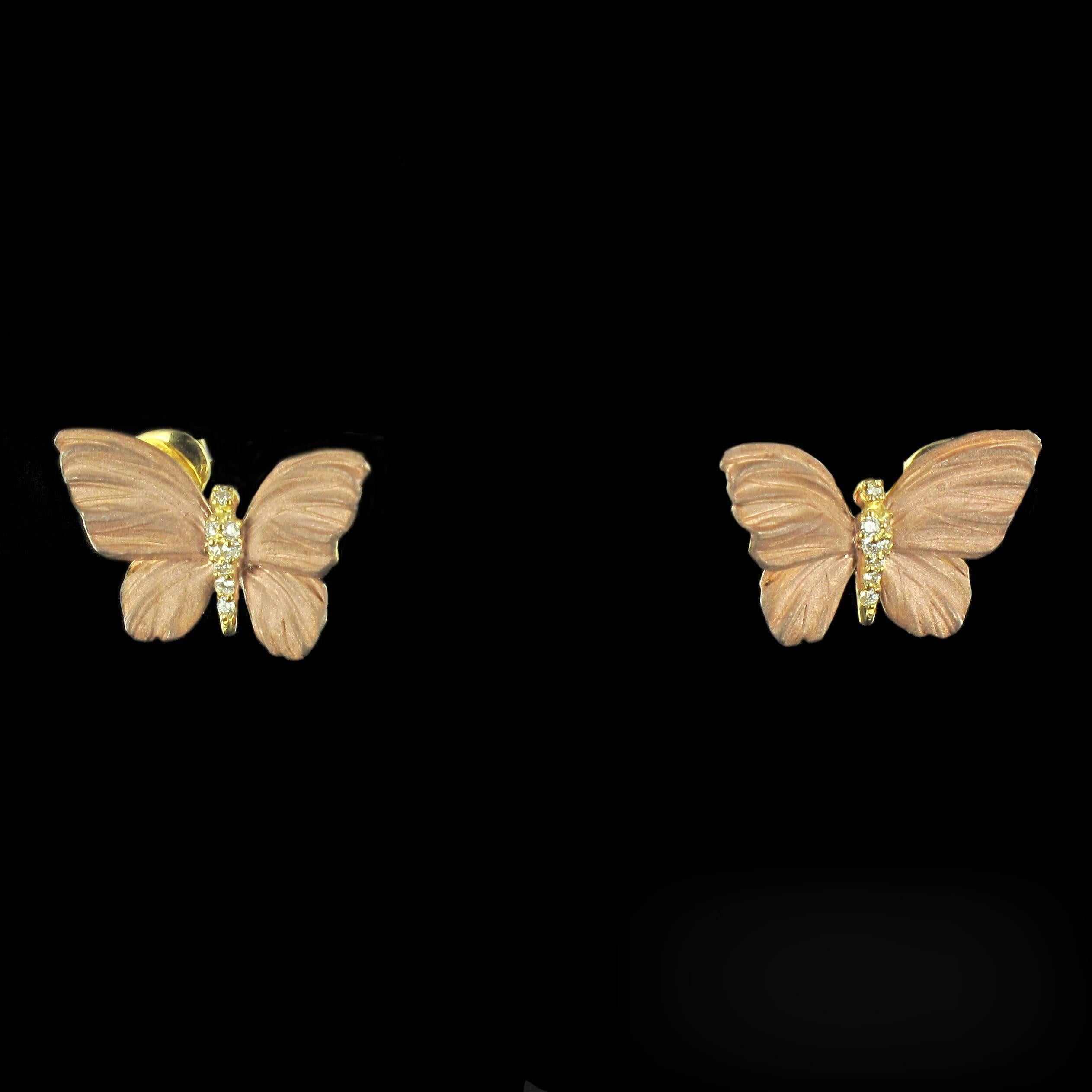 Rose Enamel Diamond Gold Butterfly Earrings For Sale 6