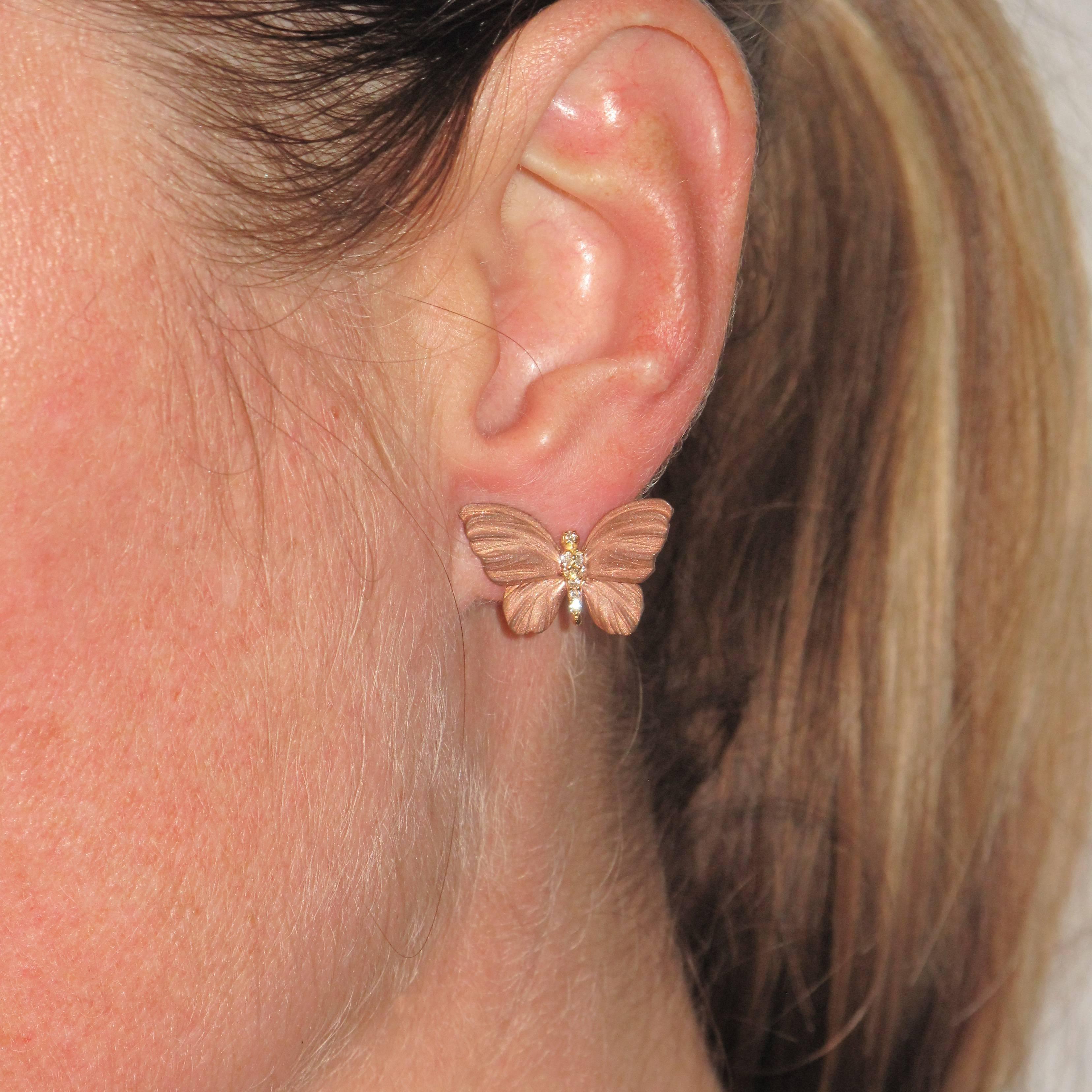 French Cut Rose Enamel Diamond Gold Butterfly Earrings For Sale