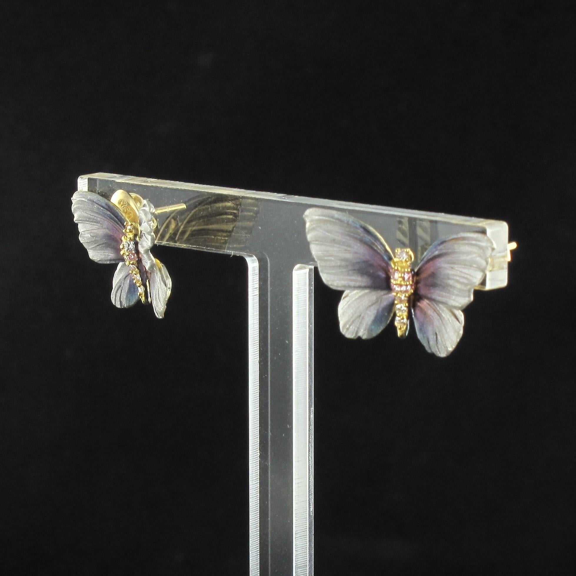 Art Nouveau Style Enamel Diamond Gold Butterfly Stud Earrings For Sale 3