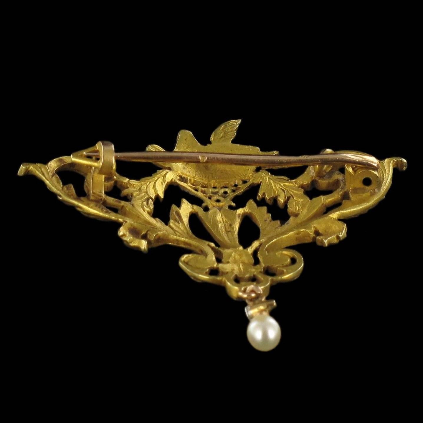 Antique Pearl Diamond Gold Nesting Doves Brooch 1