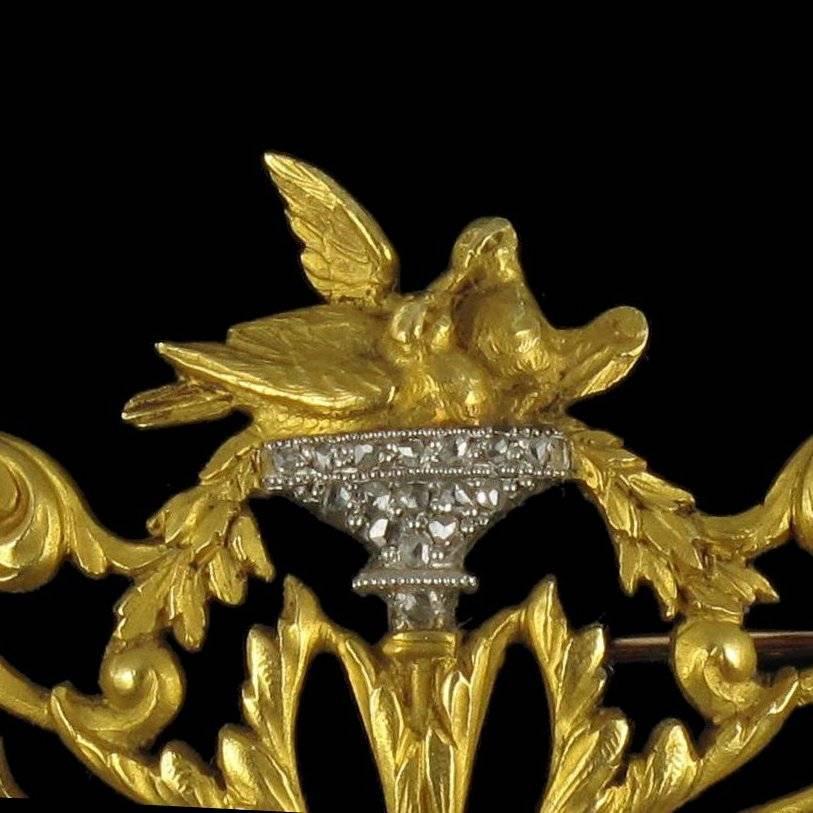 Napoleon III Antique Pearl Diamond Gold Nesting Doves Brooch