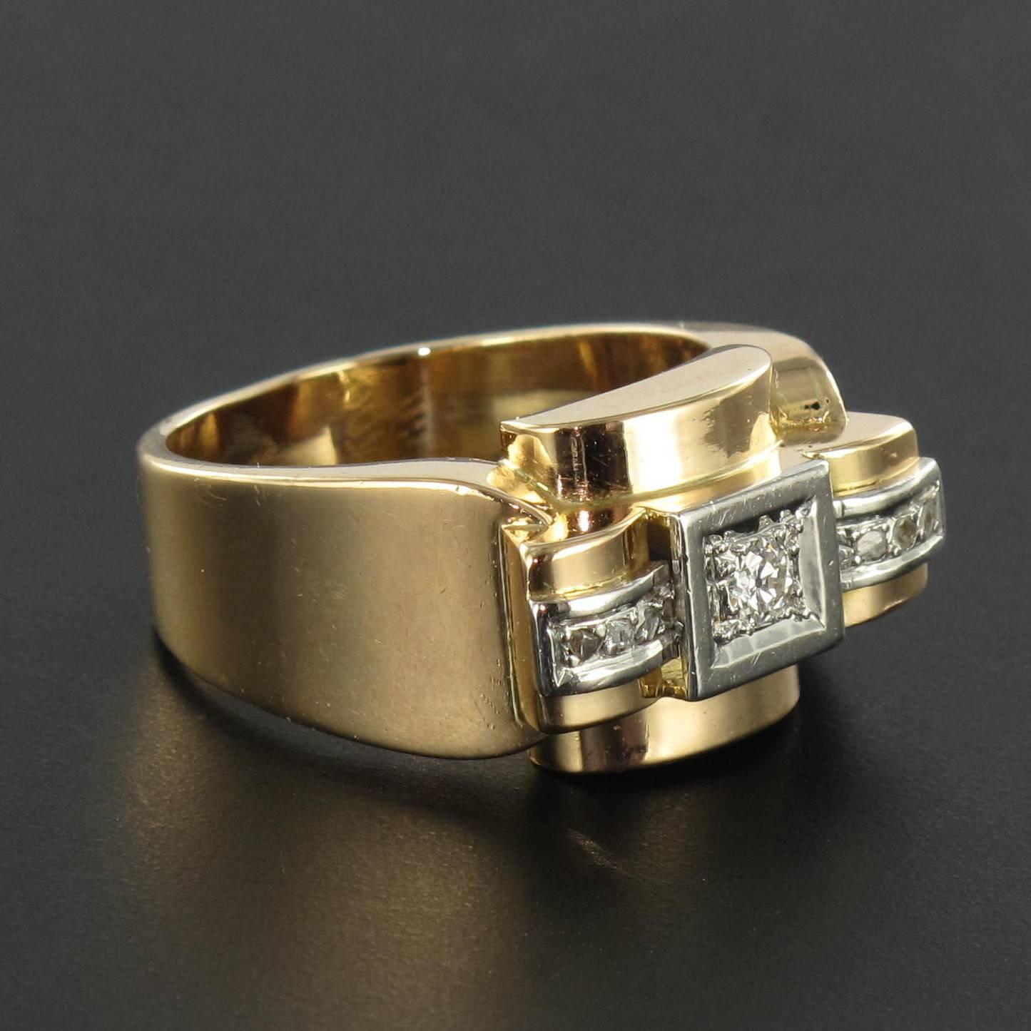 French 1940s Diamond Platinum Gold Tank Ring In New Condition In Poitiers, FR