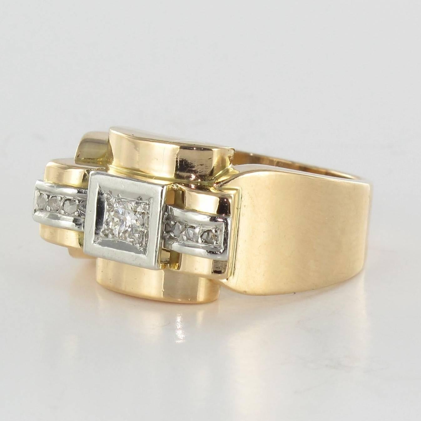 Rose Cut French 1940s Diamond Platinum Gold Tank Ring
