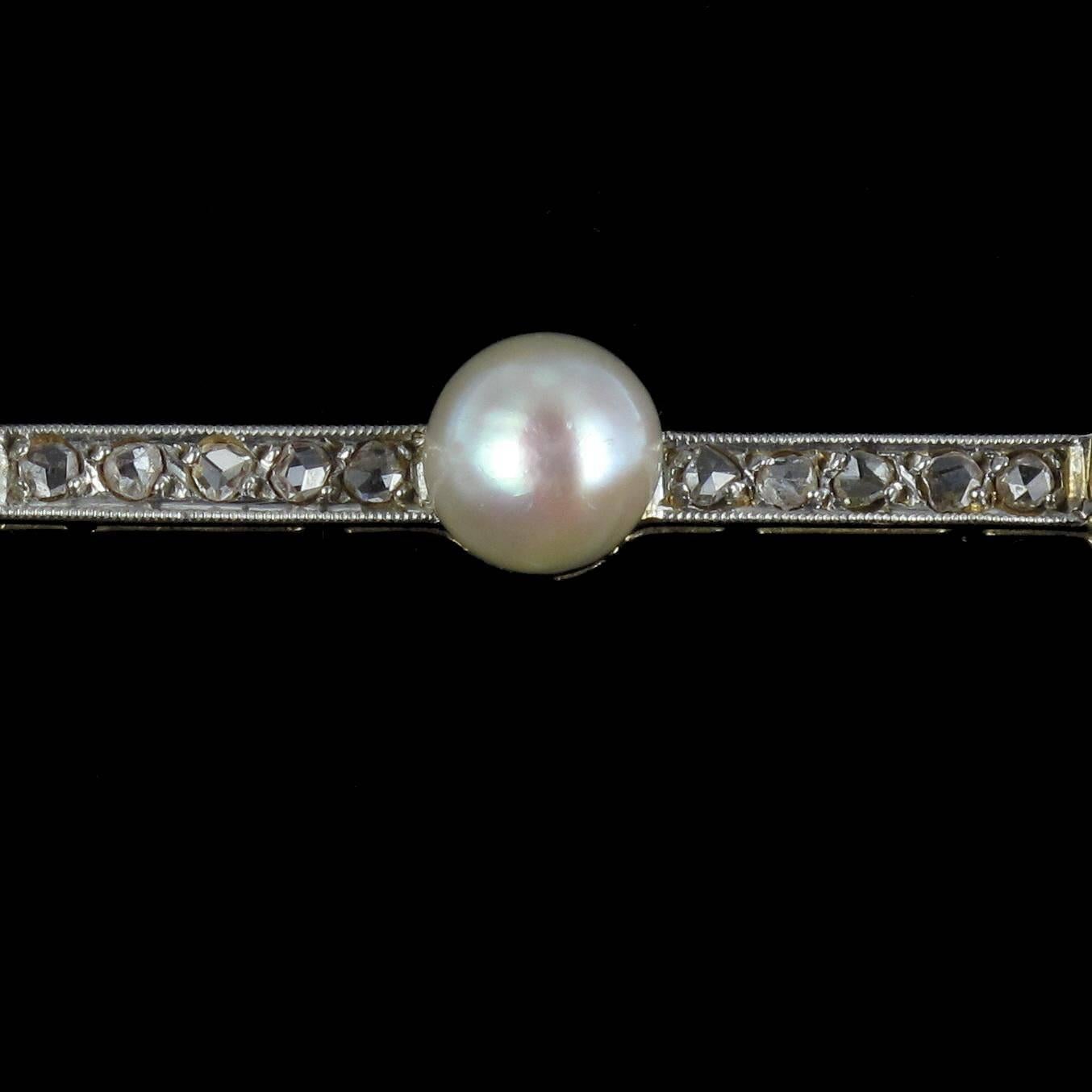 Women's French Art Deco Fine Pearl Diamond Gold Bar Brooch