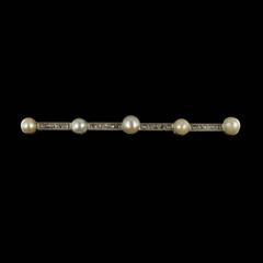 French Art Deco Fine Pearl Diamond Gold Bar Brooch