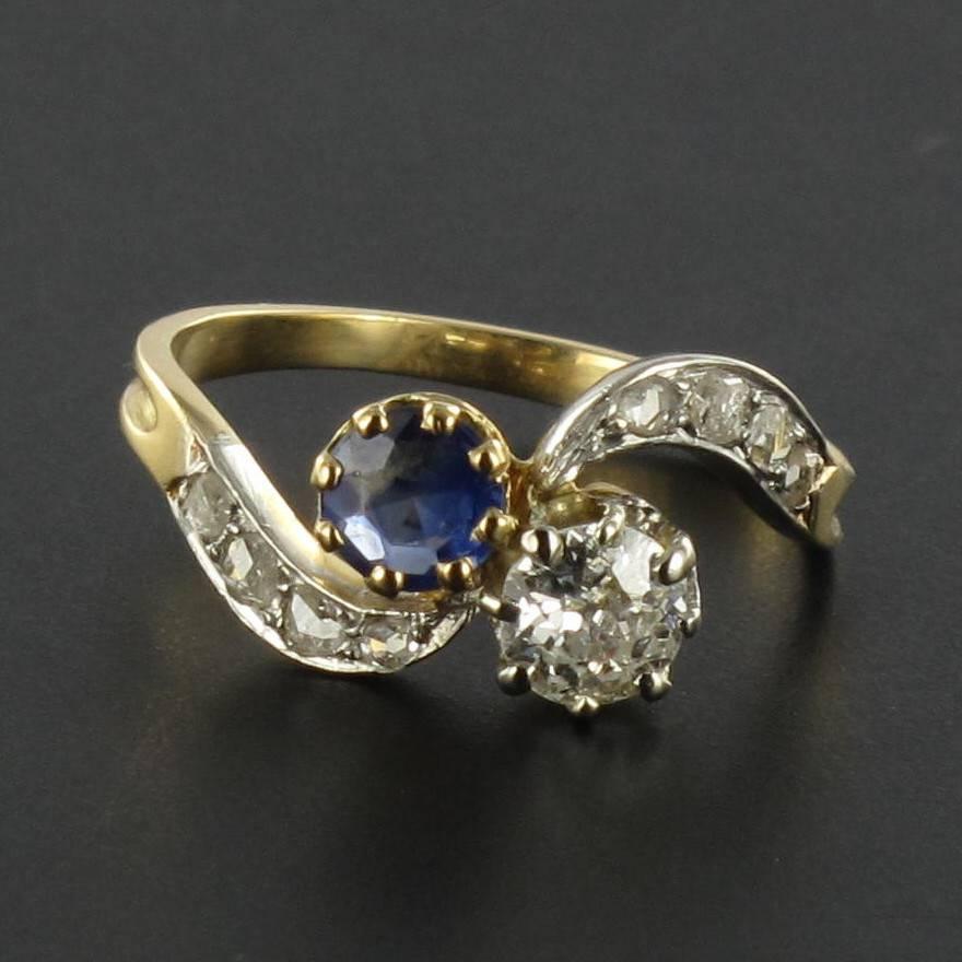 French Antique Sapphire Diamond Gold Engagement Ring  1