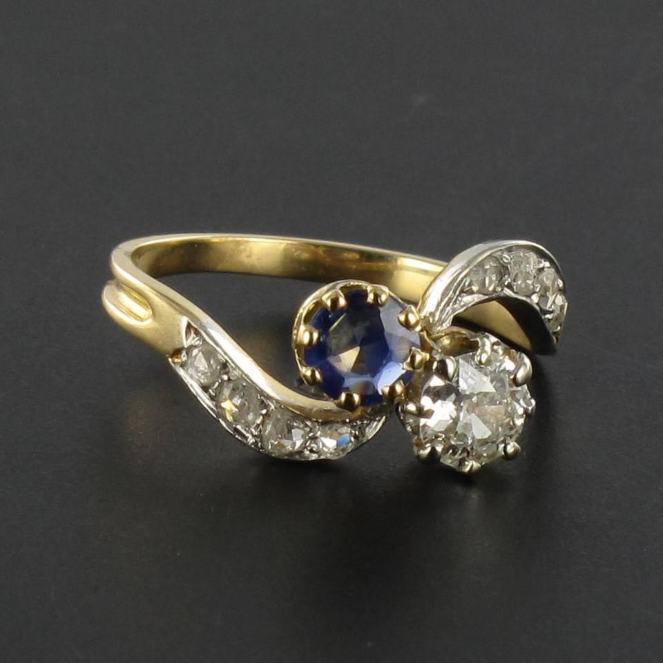French Antique Sapphire Diamond Gold Engagement Ring  3