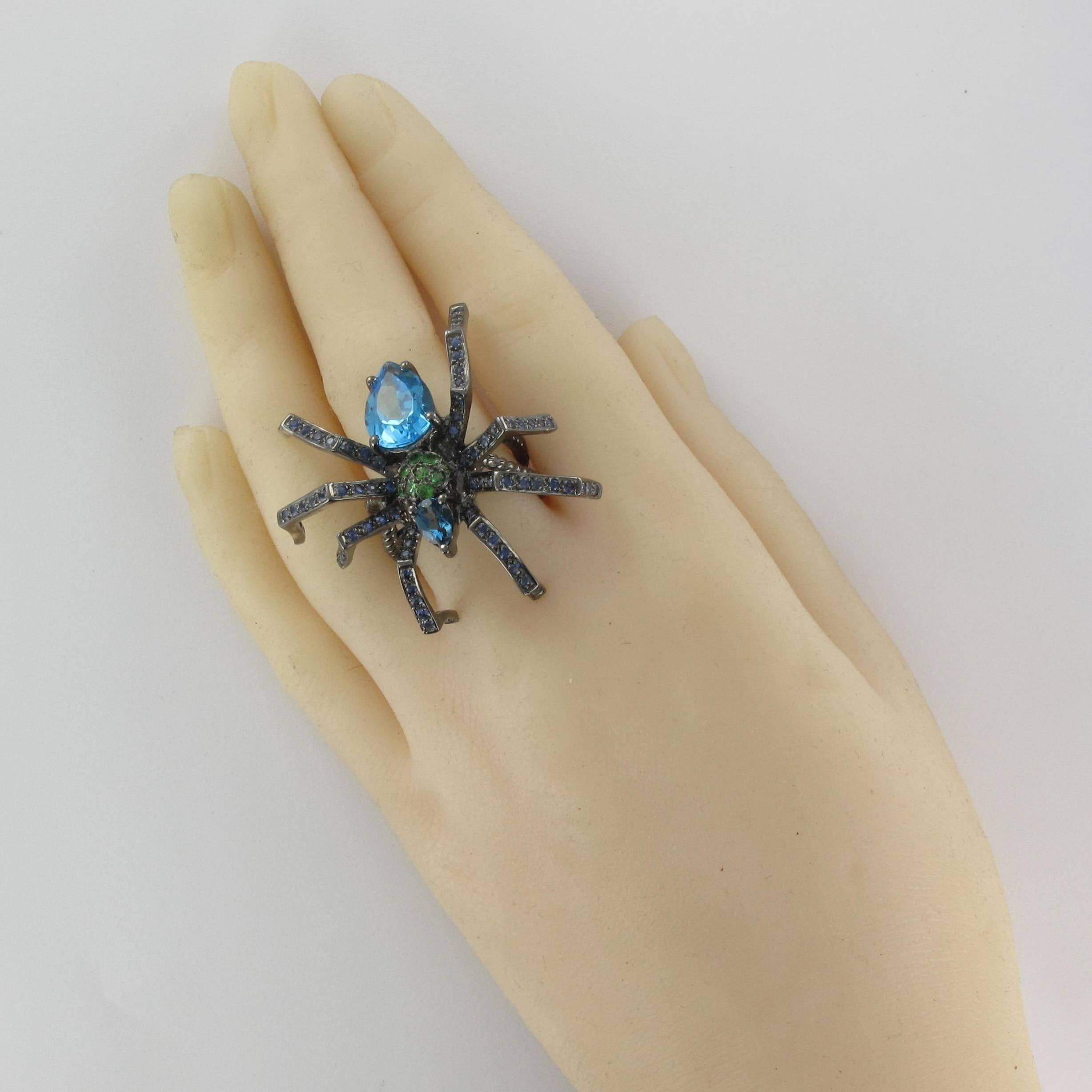 New Topaz Garnet Sapphire Blacked Silver Spider Ring  In New Condition In Poitiers, FR