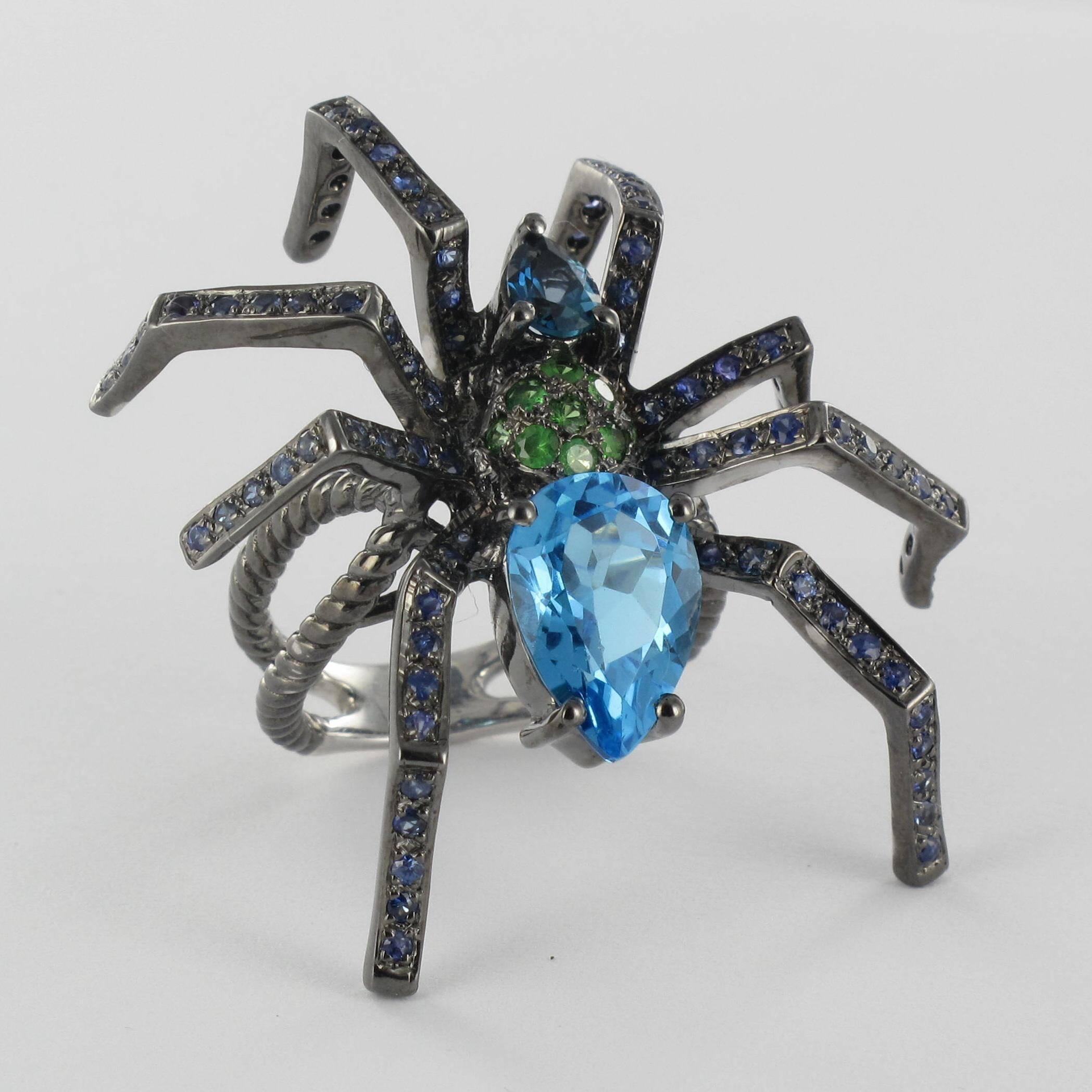 Women's or Men's New Topaz Garnet Sapphire Blacked Silver Spider Ring 