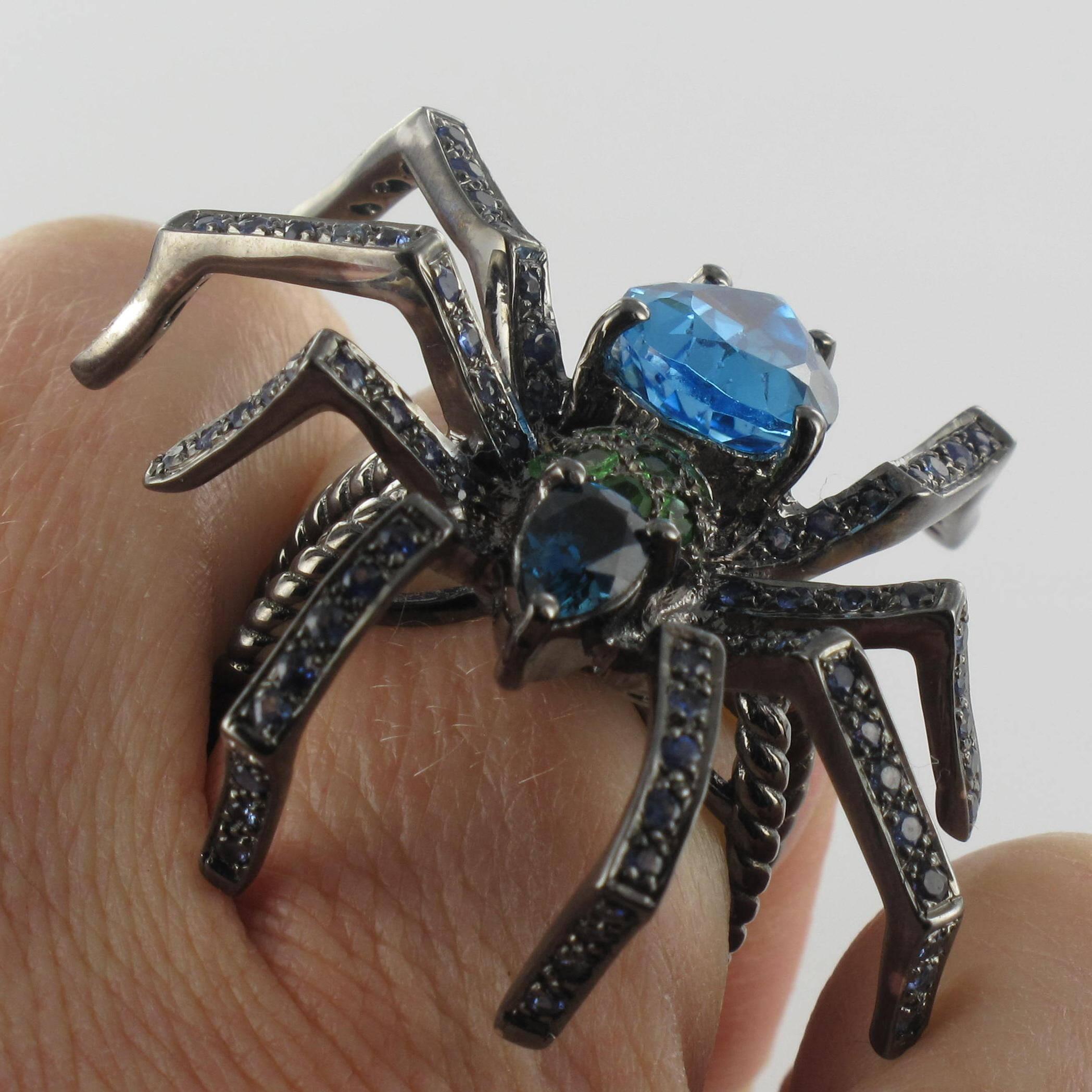 New Topaz Garnet Sapphire Blacked Silver Spider Ring  4