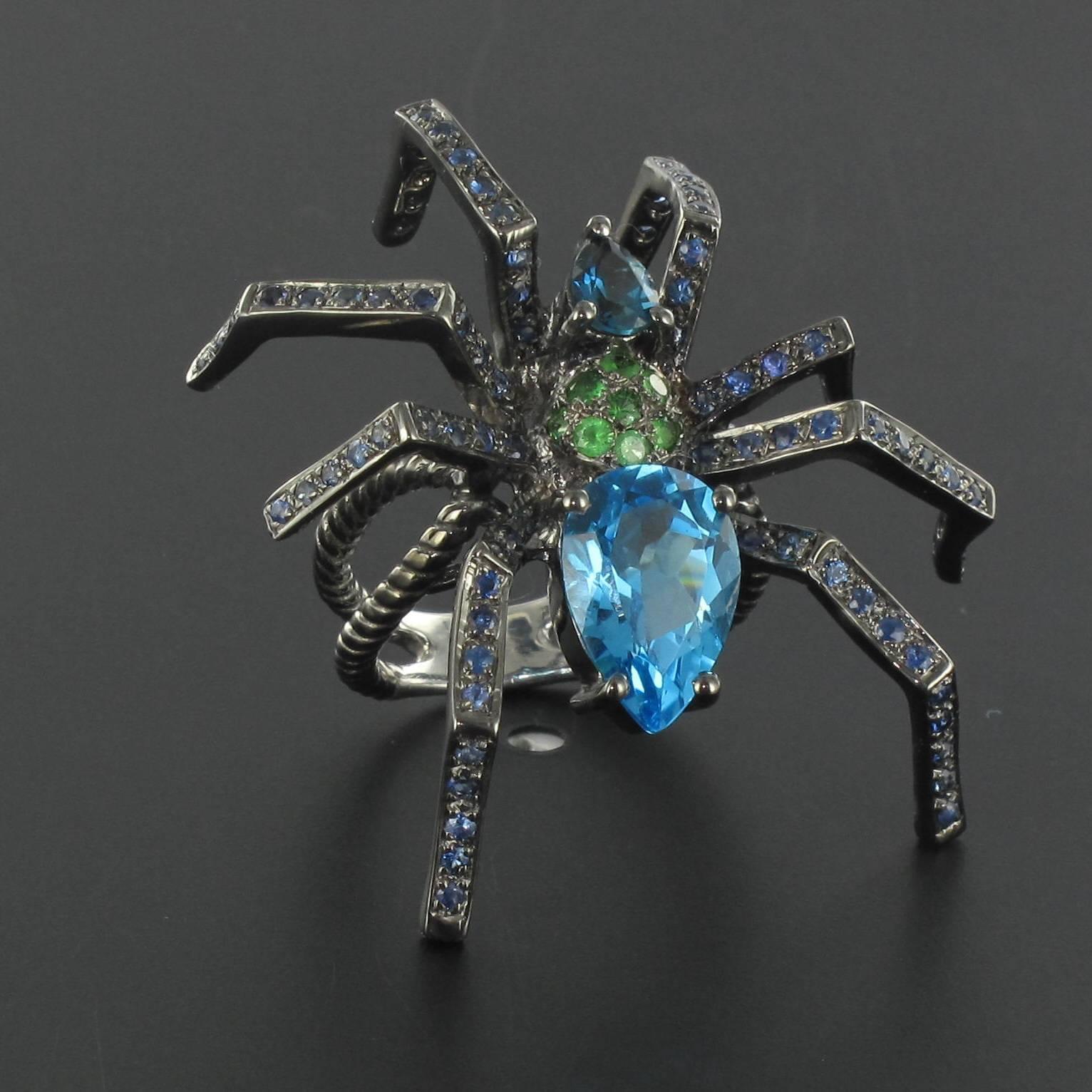 New Topaz Garnet Sapphire Blacked Silver Spider Ring  5