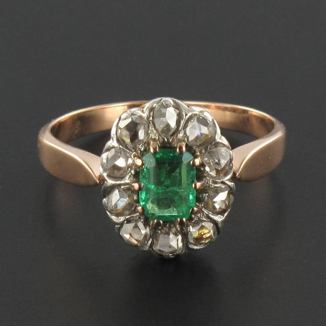French Antique Emerald Diamond Gold Ring 2