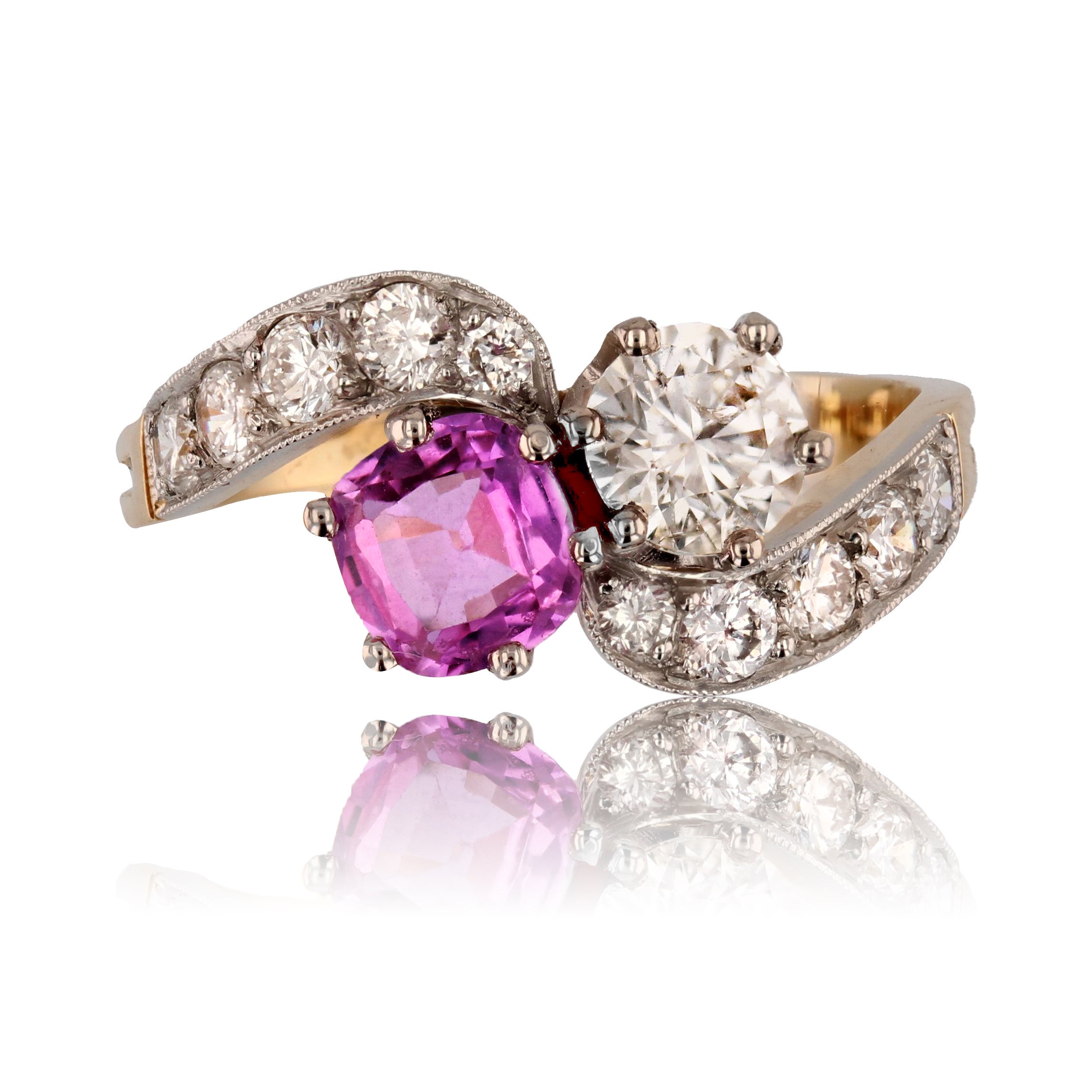 French Modern Pink Sapphire Diamonds 18 Karat Yellow Gold You and Me Ring For Sale