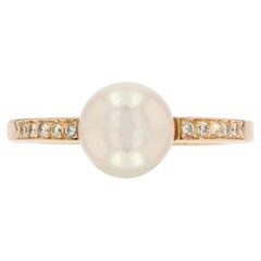 French Modern Diamonds Cultured Pearl 18 Karat Yellow Gold Flat Ring