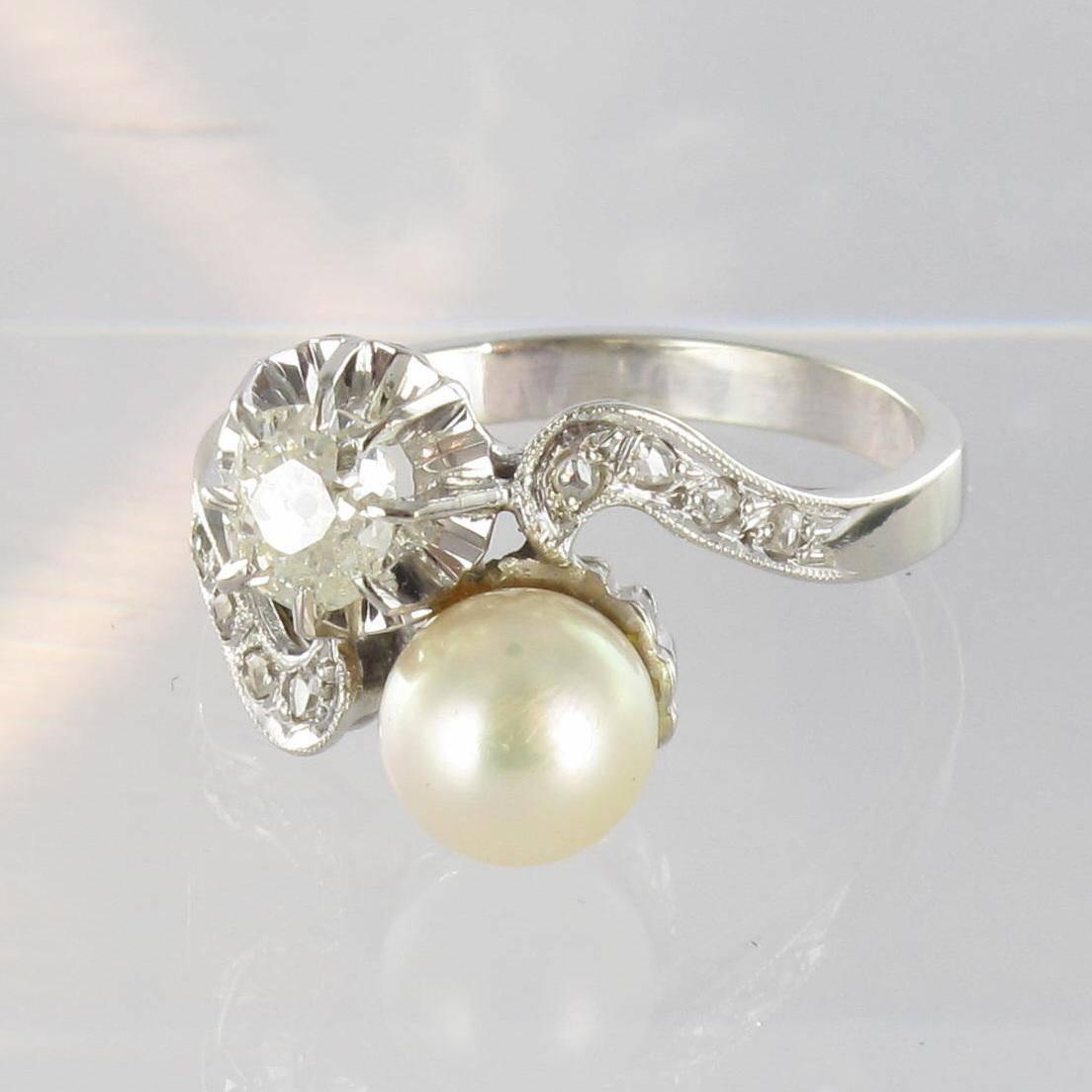 French Antique Pearl Diamond Gold Toi et Moi Ring In Excellent Condition In Poitiers, FR