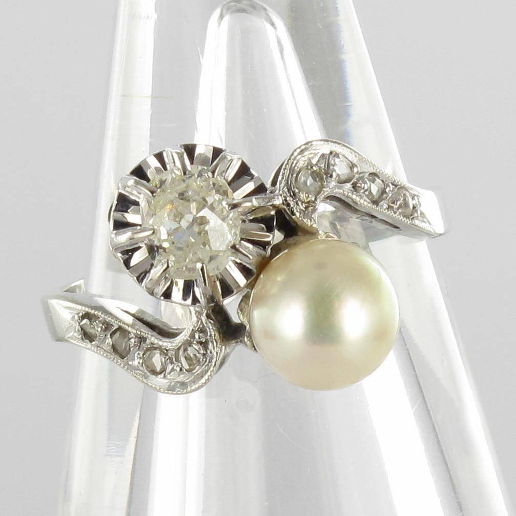 Women's French Antique Pearl Diamond Gold Toi et Moi Ring