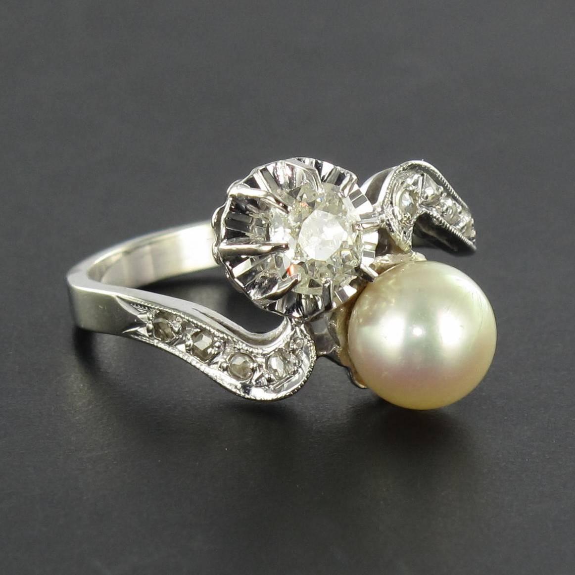 French Antique Pearl Diamond Gold Toi et Moi Ring 2