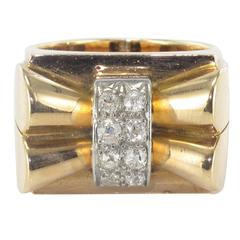 French Diamond Gold Bow Tank Ring 3