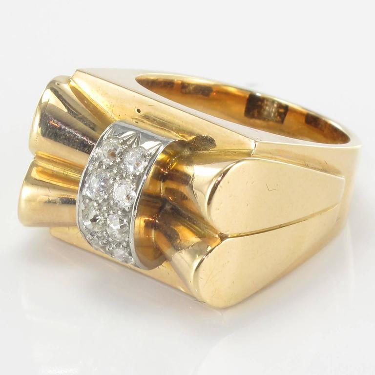 French Diamond Gold Bow Tank Ring For Sale at 1stdibs